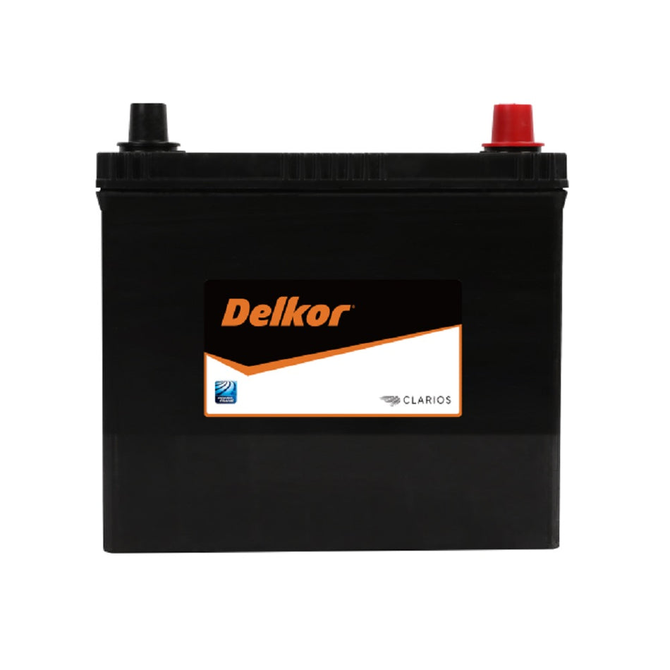 Delkor Battery Automotive CAL 12V 430CCA-51 BR430. Front view of black battery with orange Delkor logo on black, white and orange label on front.