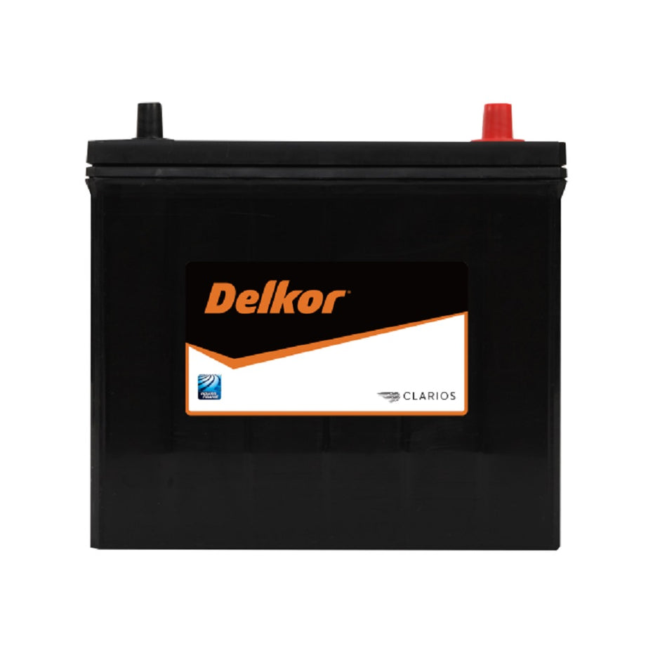 Delkor Battery Automotive CAL 12V 430CCA-51 R430. Front view of black battery with orange Delkor logo on black, white and orange label on front.