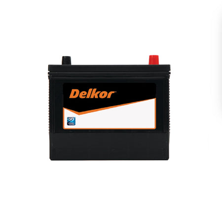 Delkor Battery Automotive CAL 12V 420CCA-55534. Front view of black battery with orange Delkor logo on black, white and orange label on front.