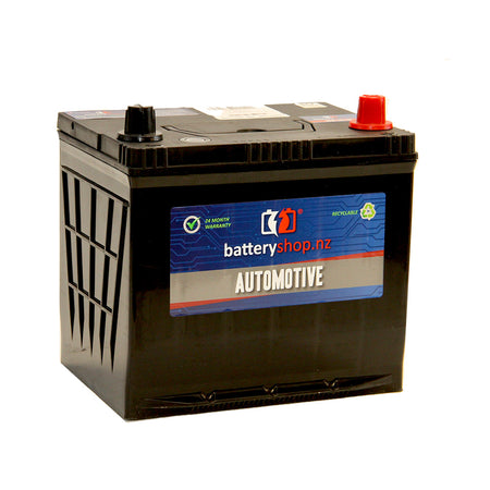 Batteryshop.nz Heavy Duty Automotive Battery CAL 12 Volt 550CCA. Angled view showing labels and terminals.