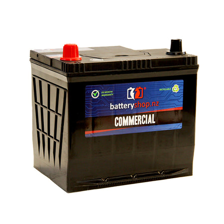 Batteryshop Heavy Duty Automotive Battery 12Volt 550CCA.  Angled view showing label and terminals