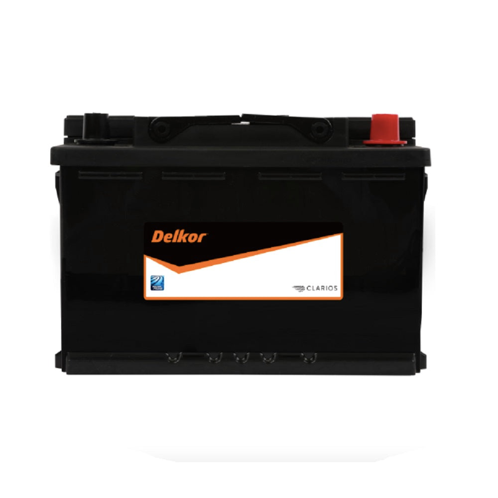 Delkor Battery Automotive CAL 12V 770CCA-58012. Front view of black battery with orange Delkor logo on black, white and orange label on front.