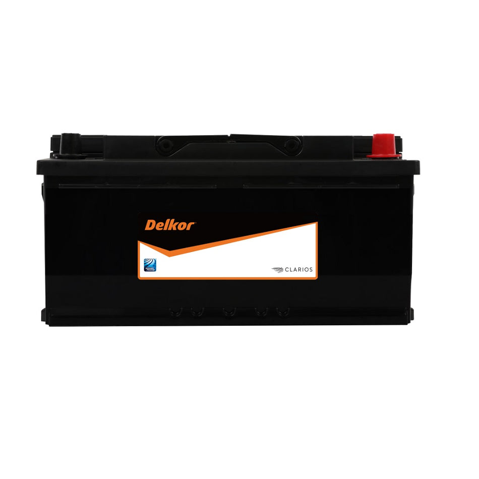 Delkor Battery Automotive CAL 12V 810CCA-59015. Front view of black rectangle battery with orange Delkor logo on black, white and orange label on front.