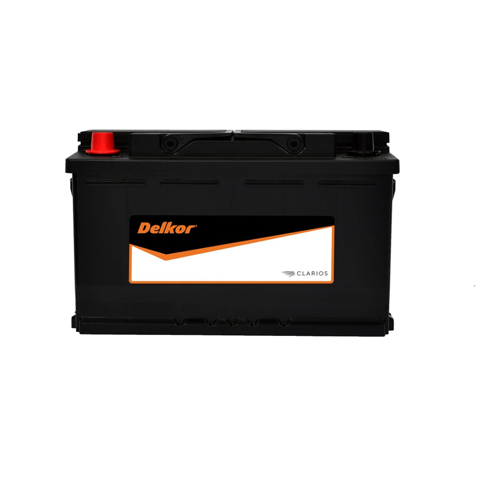 Delkor Battery Automotive CAL 12V 912CCA-59095RJ. Front view of black battery with orange Delkor logo on black, white and orange label on front.