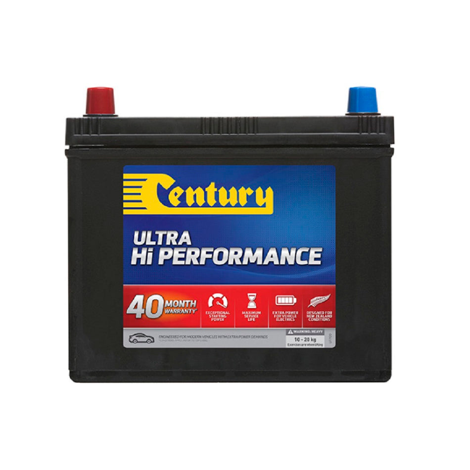 Century Battery Automotive CAL 12V 530CCA-67EFMF. Front view of black battery with yellow Century logo on blue and red label on front.