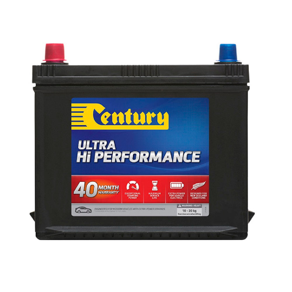 Century Battery Automotive CAL 12V 530CCA-67MF. Front view of black battery with yellow Century logo on blue and red label on front.