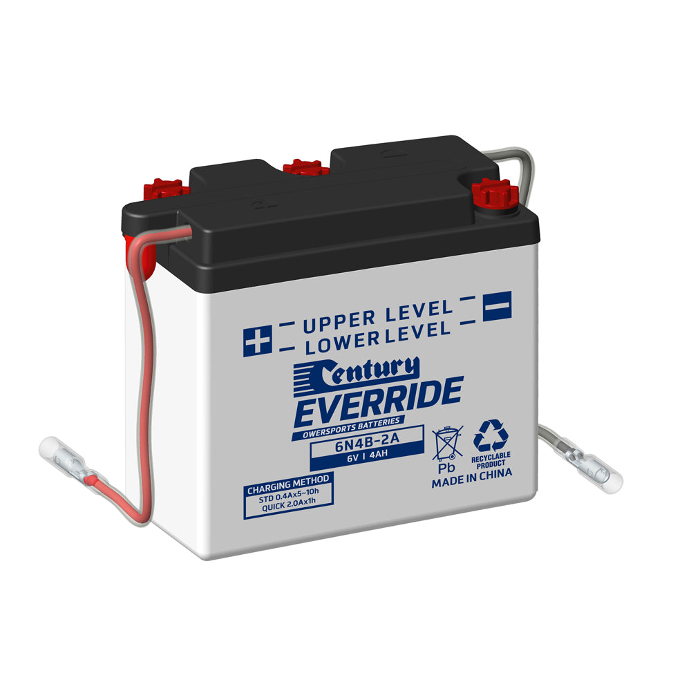 EverRide Battery: Motorcycle FLA Battery 6V 4AH-6N4B-2A. Front view of grey battery with black top and blue writing.