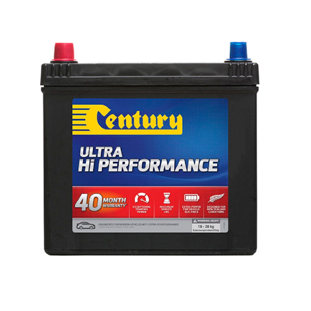 Century Battery Automotive CAL 12V 550CCA-75D23RMF. Front view of black battery with yellow Century logo on blue and red label on front.