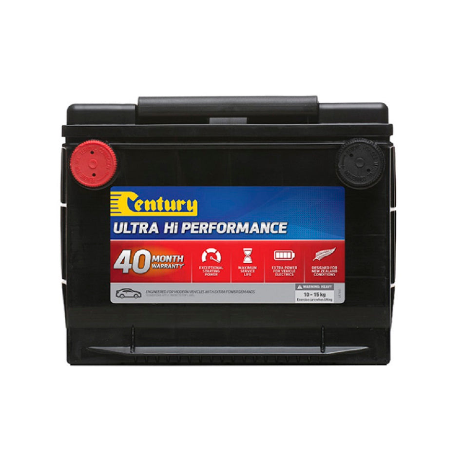 Century Battery Automotive Cal 12V 550CCA-75SXMF. Front view of black battery with yellow Century logo on blue and red label on front.