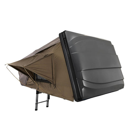 ARB Esperance Roof Top Tent Hardshell-802200. Side view of hardtop on the side of the tent and the window cover at the front.