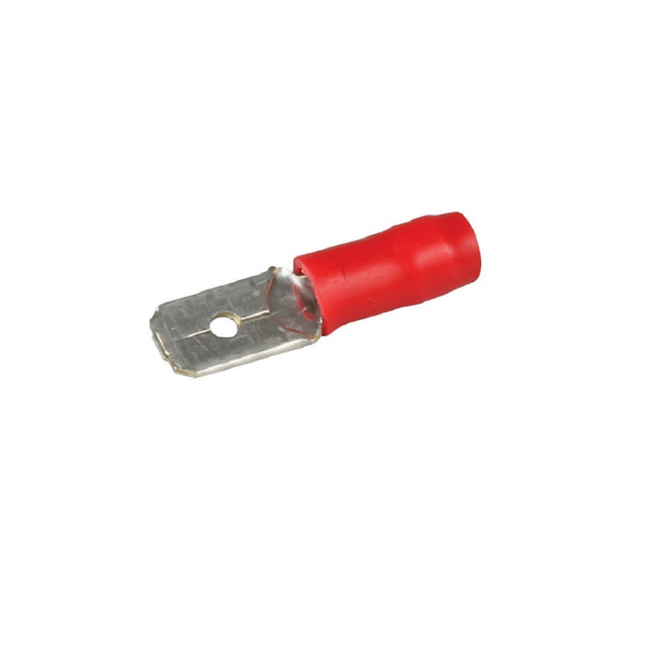 Hella Terminal Pack - Blade Male Red 6.3mm-07-8213. Front view of silver terminal half covered in red insulation.