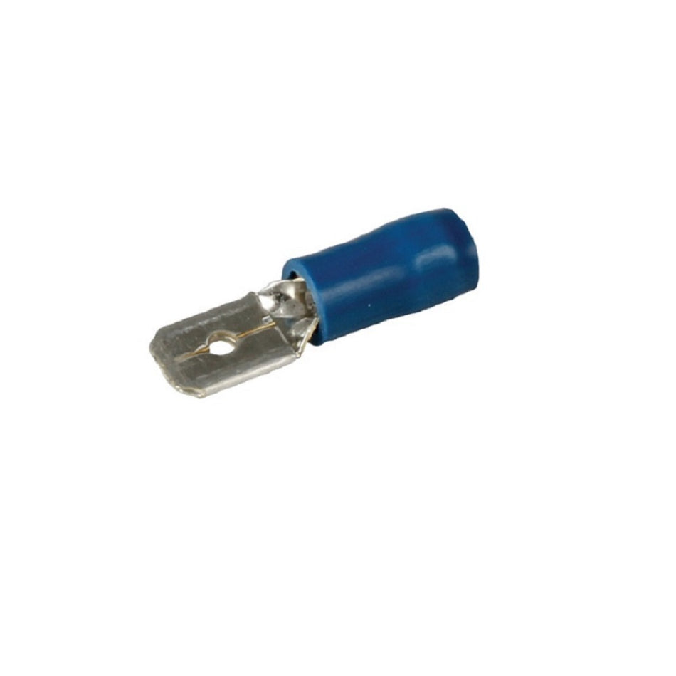 Hella Terminal Pack - Blade Male Blue 6.3mm - 07-8214. Front view of silver terminal half covered in blue insulation.