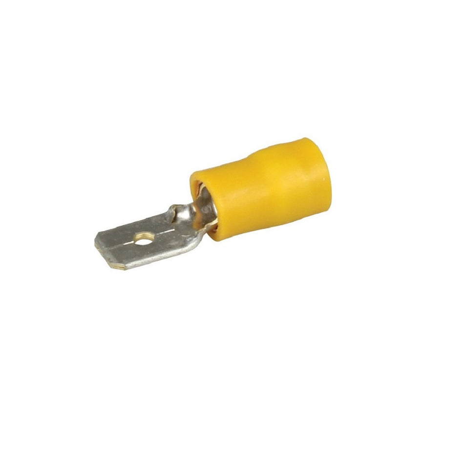 Hella Terminal Pack - Blade Male Yellow 6.3mm-07-8215. Front view of silver terminal half covered by yellow insulation.