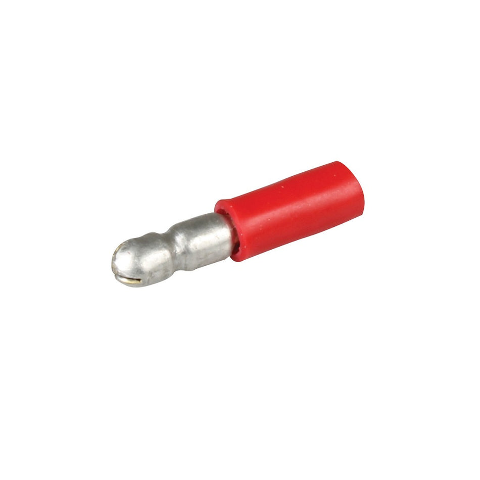 Hella Terminal Pack - Bullet Male Red-07-8220. Front view of silver bullet terminal half covered in red insulation.