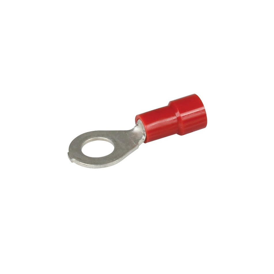 Hella Terminal Pack - Eye Red 5mm-07-8241. Front view of silver ring terminal with bottom half covered in red insulation.