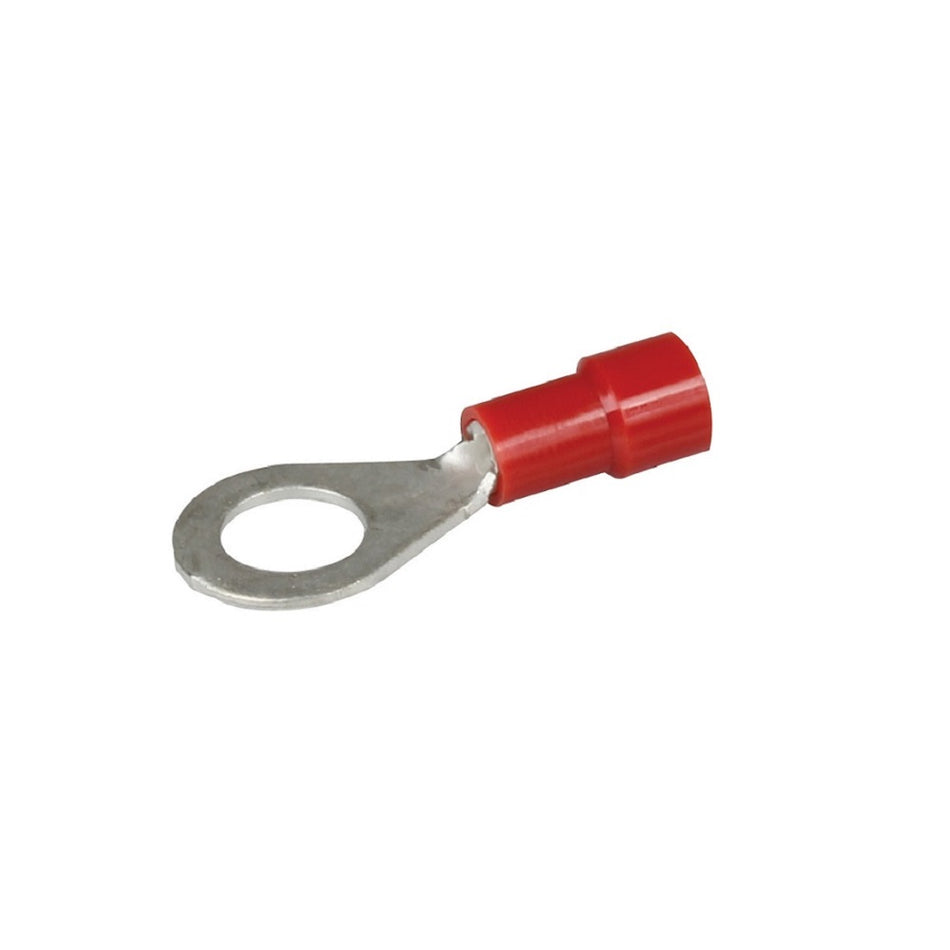 Hella Terminal Pack - Eye Red 6.3mm-07-8242. Front view of silver terminal with bottom half covered in red insulation.