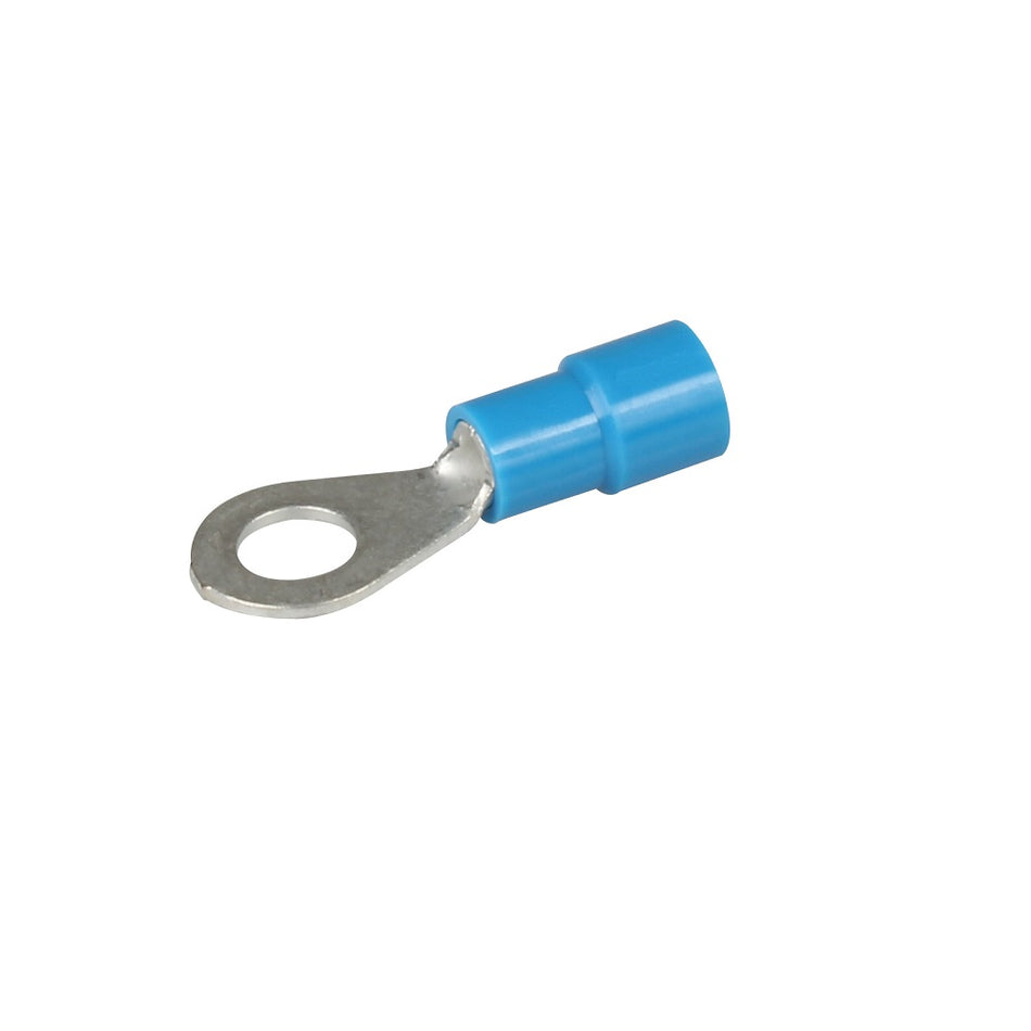 Hella Terminal Pack - Eye Blue 5.0mm-07-8243. Front view of silver ring terminal with bottom half covered in blue insulation.