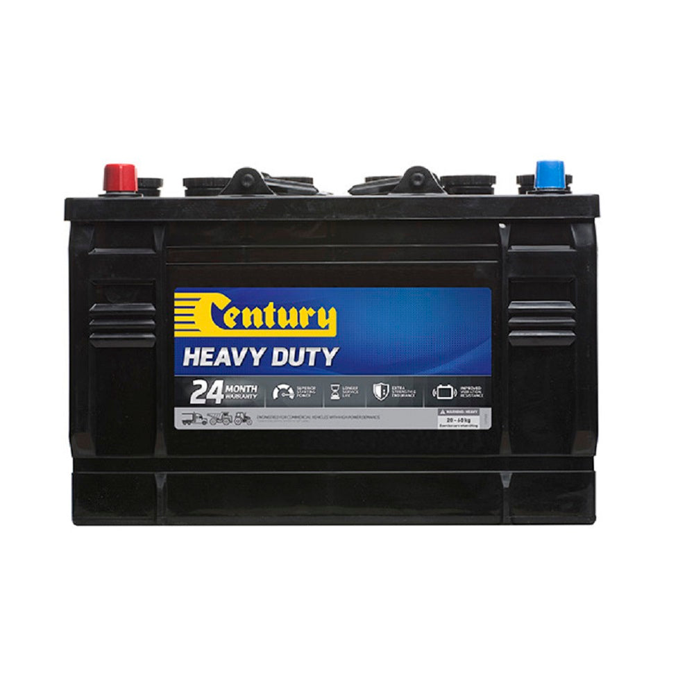 Century Battery Commercial FLA 12V 680CCA-87Z. Front view of black battery with yellow Century logo on blue and black label on front.