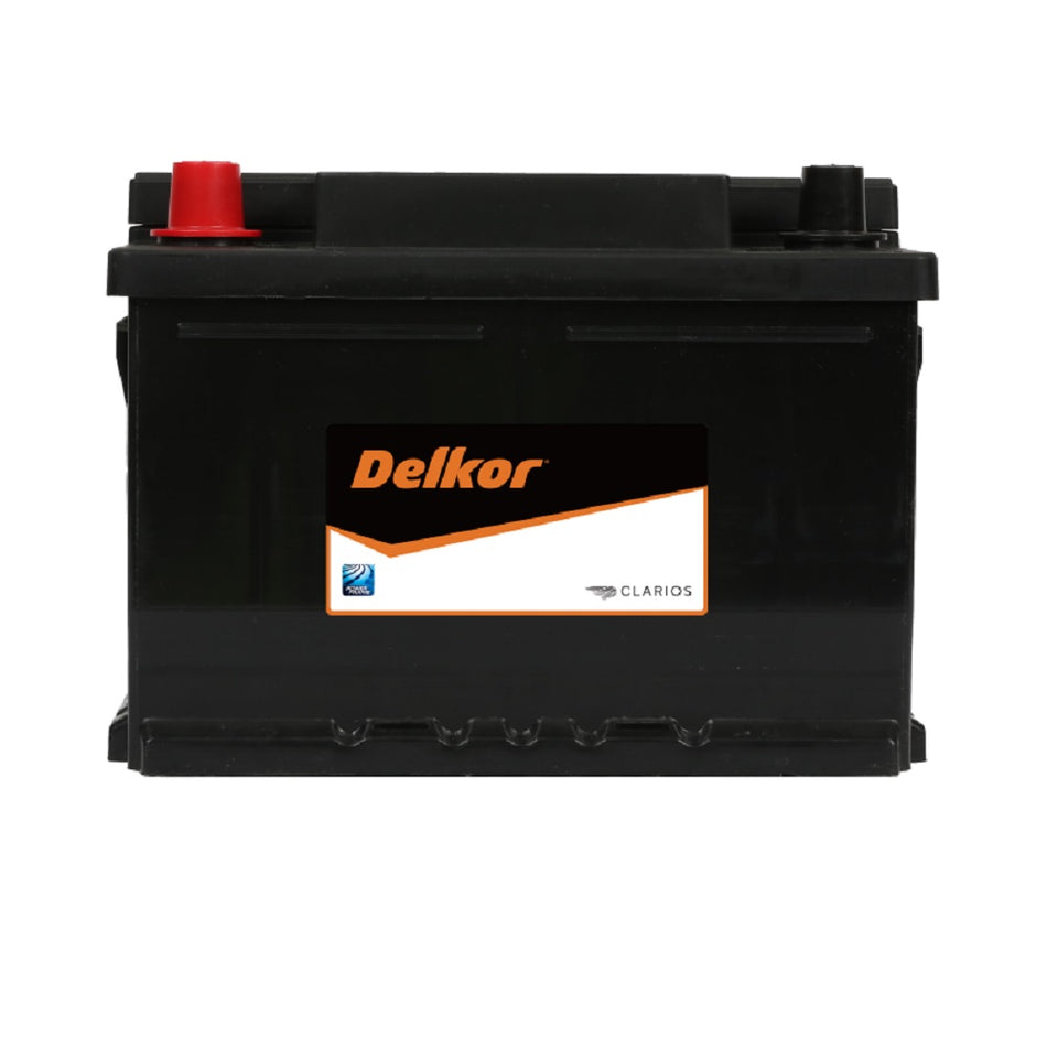 Delkor Battery Automotive CAL 12V 500CCA-90 500. Front view of black battery with orange Delkor logo on black, white and orange label on front.