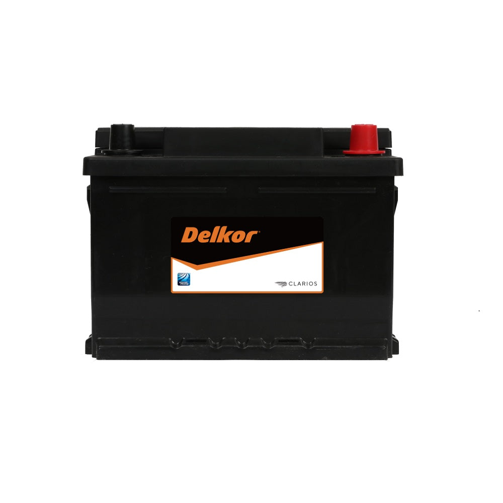 Delkor Battery Automotive CAL 12V 500CCA-90R 500. Front view of black battery with orange Delkor logo on black, white and orange label on front.