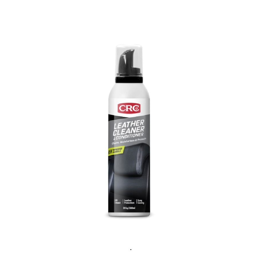 CRC Leather Cleaner & Conditioner 300ml-9306. Front view of white foaming spray container with a picture of seat and a grey stripe and a red CRC logo and a black spray top and a clear cap.