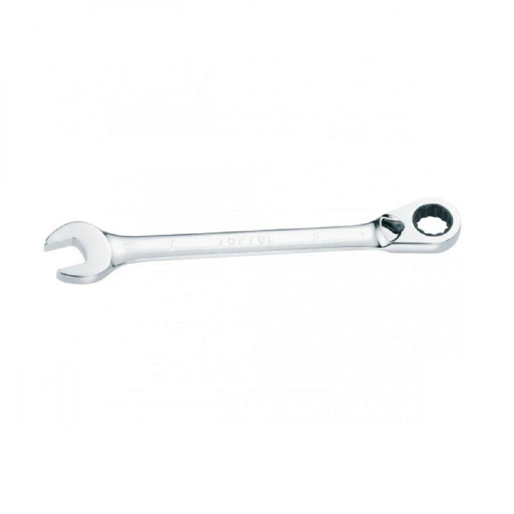 Toptul Reversible Geared Wrench - 11mm-ABEA1111. Front view of chrome wrench with open end on one side and 11mm geared ring on the other.