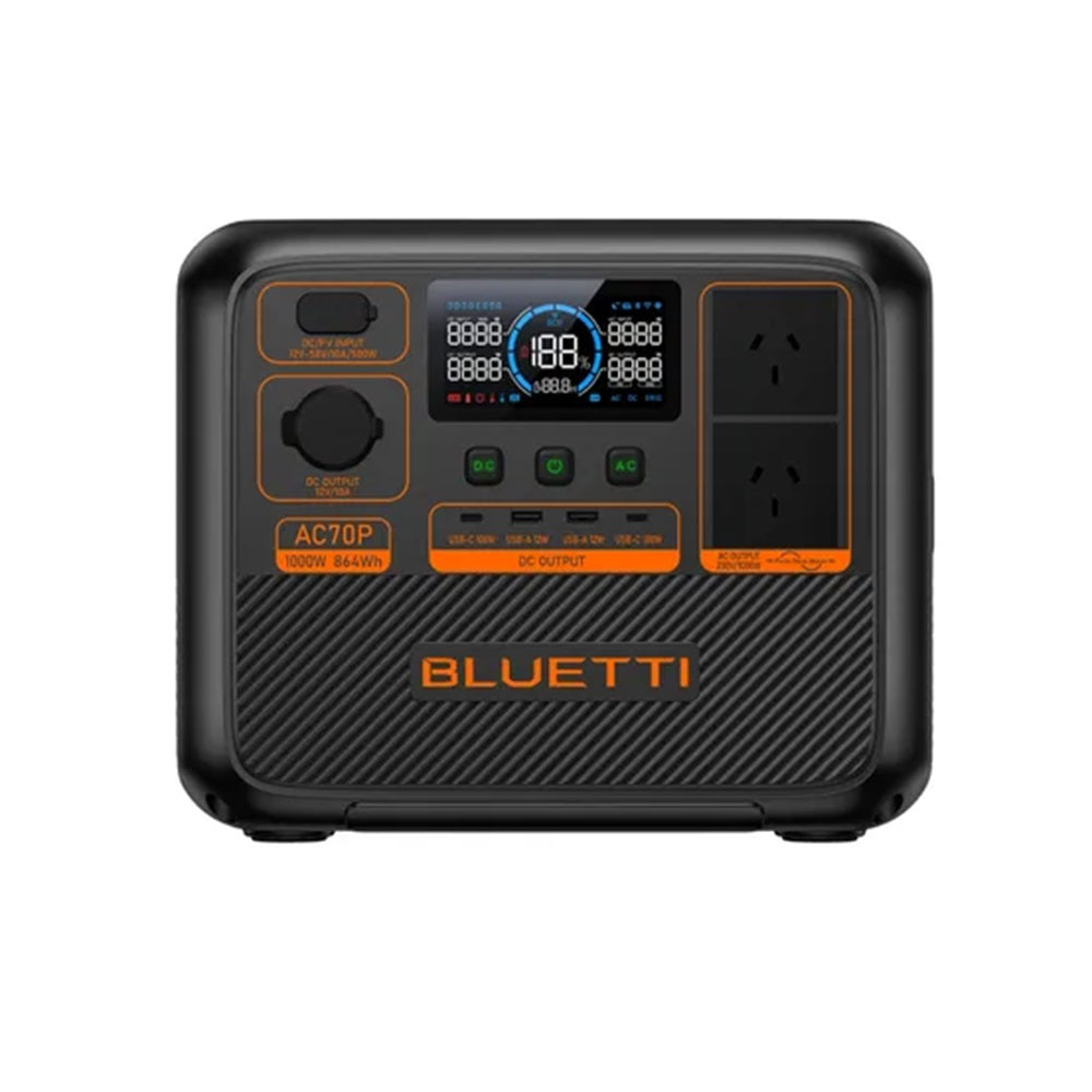 BLUETTI AC70P Portable Power Station-AC70P. Front view of black square power station with LED display and orange writing.