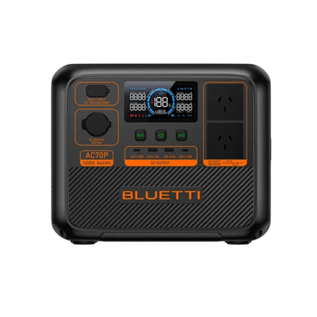 BLUETTI AC70P Portable Power Station-AC70P. Front view of black square power station with LED display and orange writing.