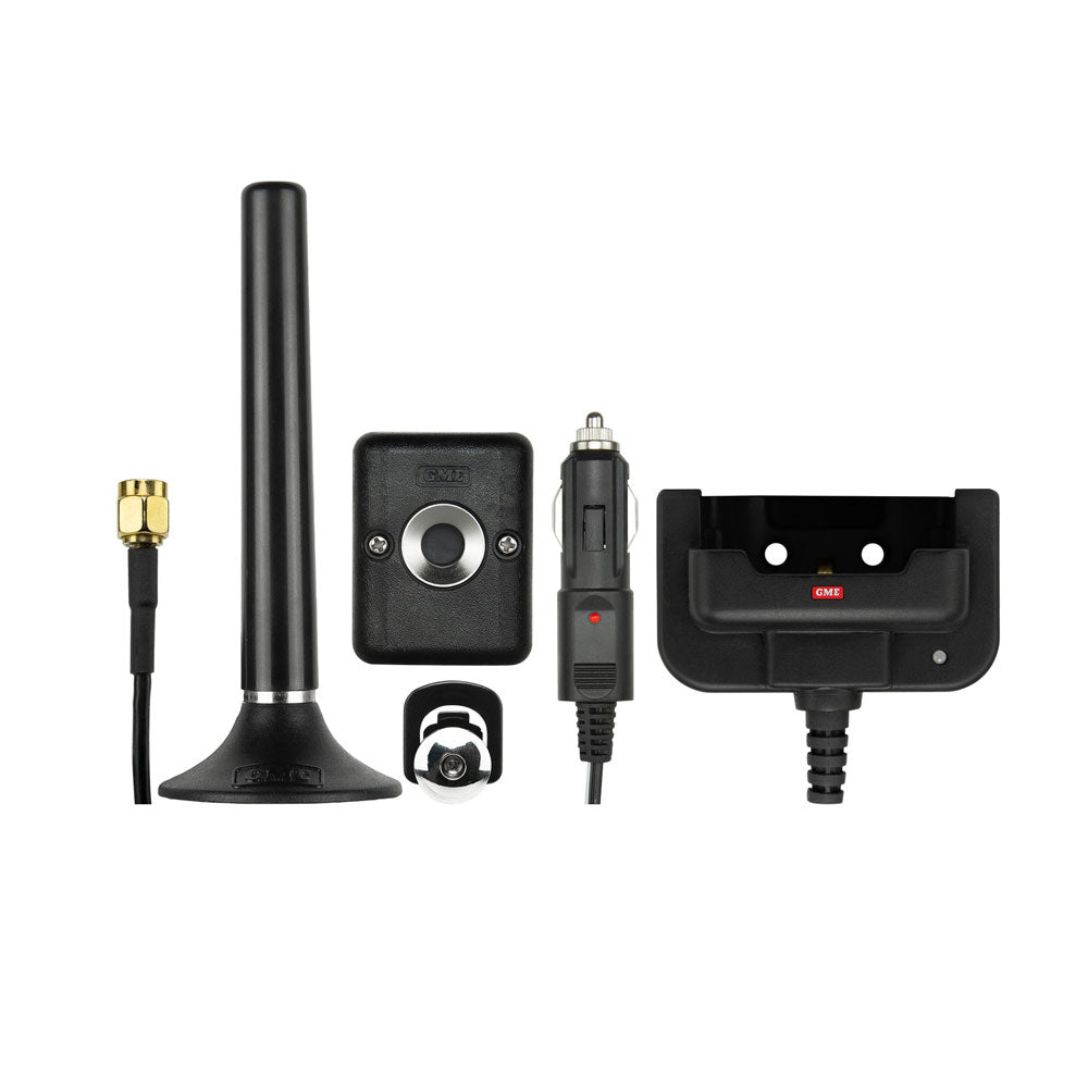 GME In-car Accessory Kit - Suit TX6160.  View of items in kit including 12 volt charging cable, charging cable, antenna magnetic mount and mounting bollard. 