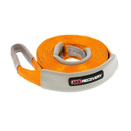 ARB Recovery Strap 11000KG-ARB710. Front view of orange coiled strap with ARB logo on grey protector panel on the front.