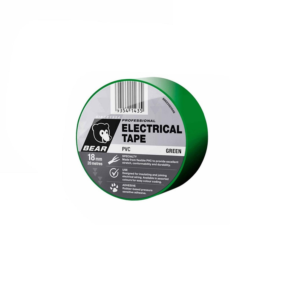 Bear Tape Electrical Green 18mm-AT507GREEN. Front view of green tape with Bear logo on grey label on front.