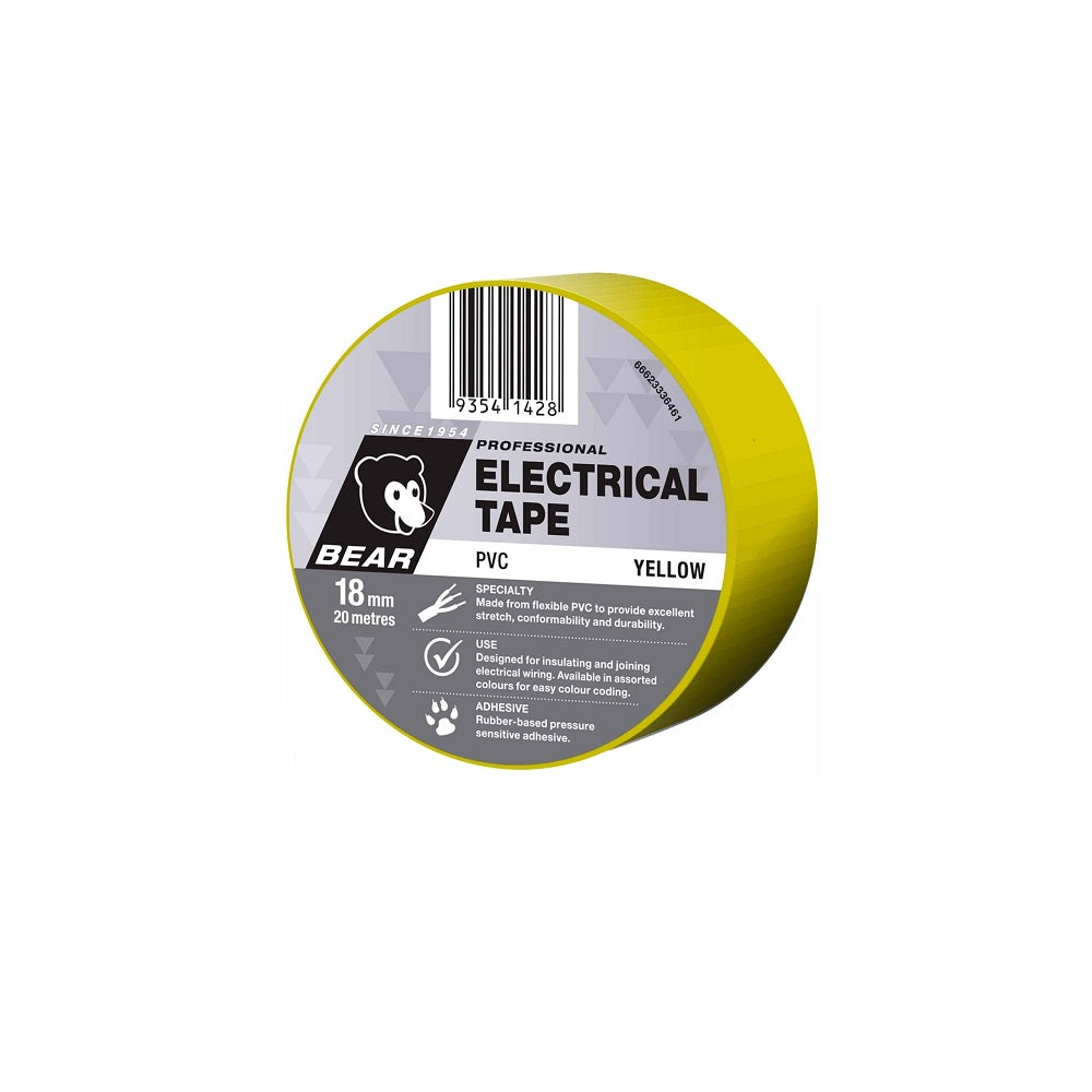 Bear Tape electrical Yellow 18mm-AT507YELLOW. Front view of yellow tape with Bear logo on grey label on front.