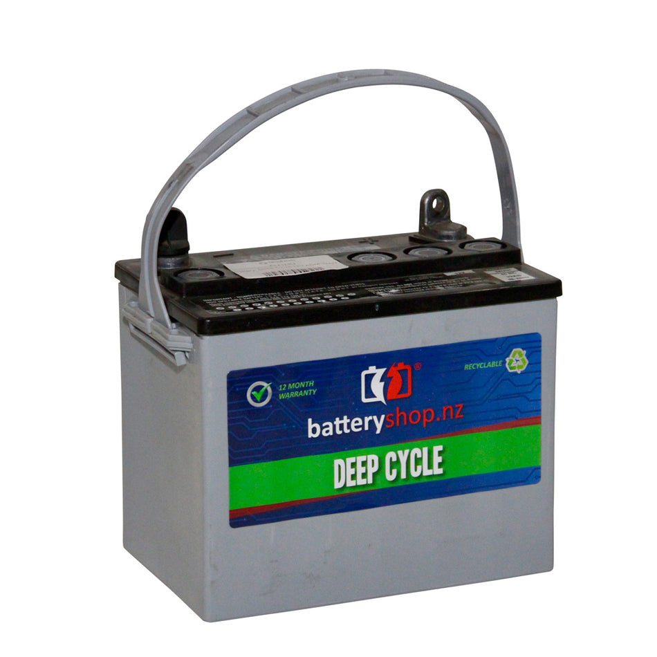 Batteryshop.nz Heavy Duty Battery: Deep Cycle 12V AGM 32AH.  Angled view showing label, handle and terminals.