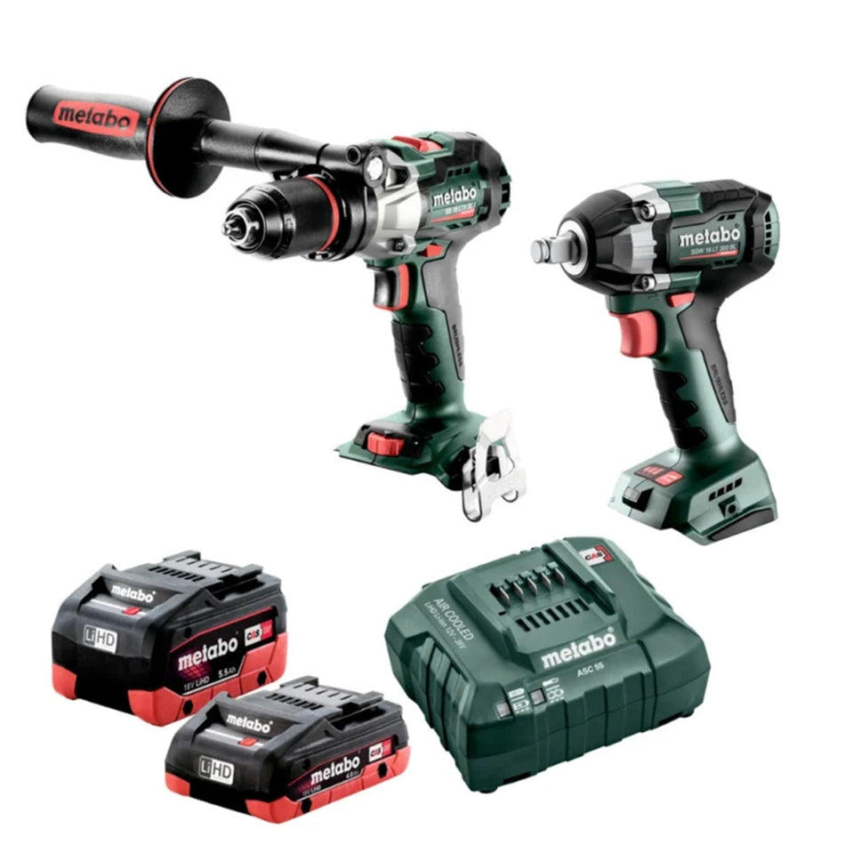 Metabo 18v Impact Drill & Impact Wrench Kit-AU68206845. Front view of power tools with 2 x batteries & charger. 