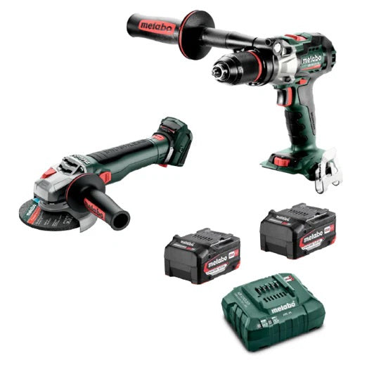 Metabo 18v Brushless Impact Drill & Grinder Kit-AU68206910. Front view of power tools with 2 x batteries and charger.