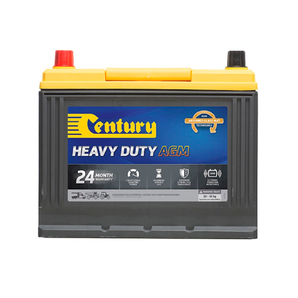 Century Battery Commerical AGM 12V 750CCA-AXD26R. Front view of black battery with yellow top and yellow Century logo on blue and black label on front.