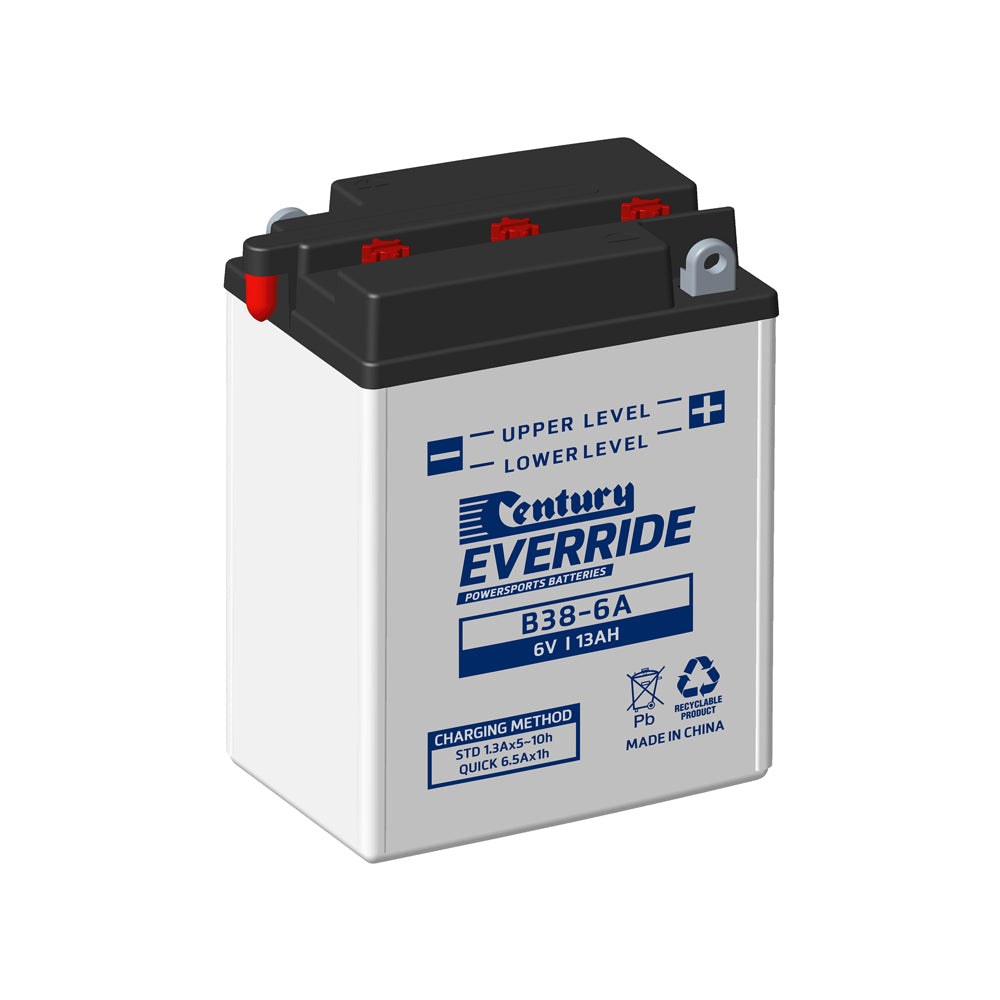 EverRide Battery: Motortcycle FLA Battery 6V 13AH-B38-6A. Front view of grey battery with black top and blue writing and a grey positive terminal.