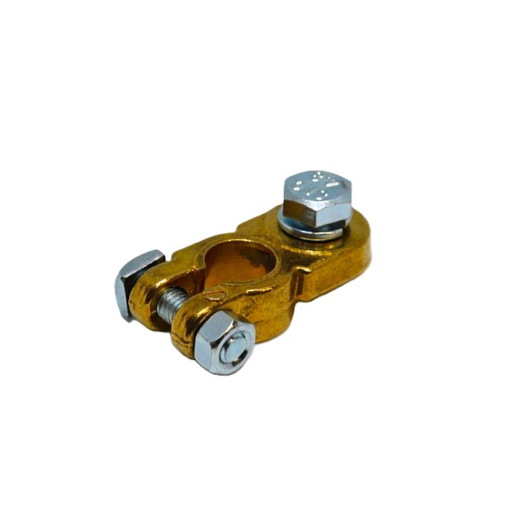 Icon Battery Terminal - Bolt on Positive-BT19P. Front view of brass terminal with silver bolts.