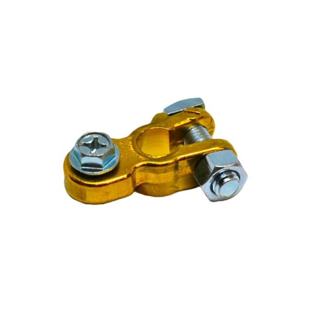 Icon Battery Terminal -Positive-BT23P. Front view of brass battery terminal with silver bolts.