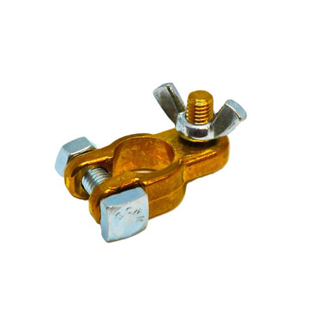 Icon Battery Terminal - Universal Pos/Neg-BT6. Front view of brass battery terminal with silver wing nut.