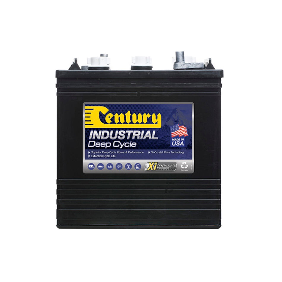 Century Battery Deep Cycle FLA 232AH-C2320S-US. Front view of black battery with yellow Century logo on blue and grey label on front.