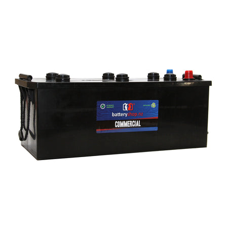 Batteryshop.nz Heavy Duty Battery Commercial CAL 12V 820CCA.  Angled view showing label and terminals.