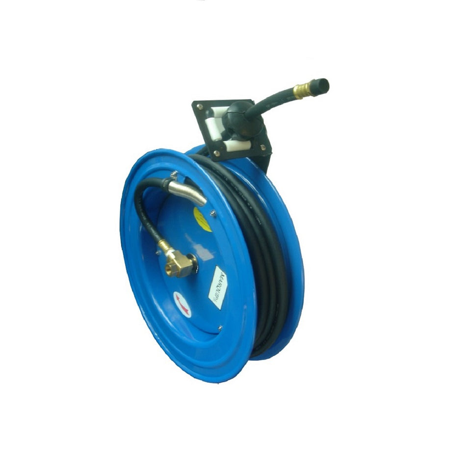 Hindin Marquip Retractable Air Line - 15m Industrial-DB320-2-50-P300. Front view of blue reel with black hose.