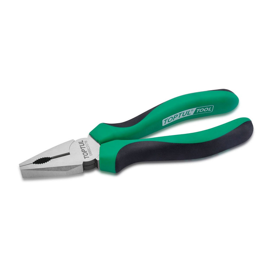 Toptul Linesman Plier - 7"-DBBB2207. Front view of pliers with green and black grip and Toptul logo on the plier head.