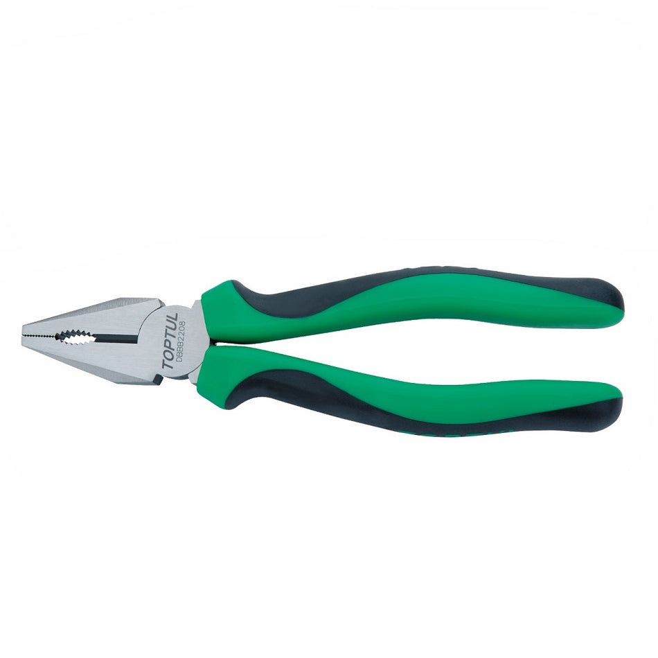 Toptul Linesman Plier - 8"-DBBB2208. Front view of pliers with green and black grip and Toptul logo on the plier head.