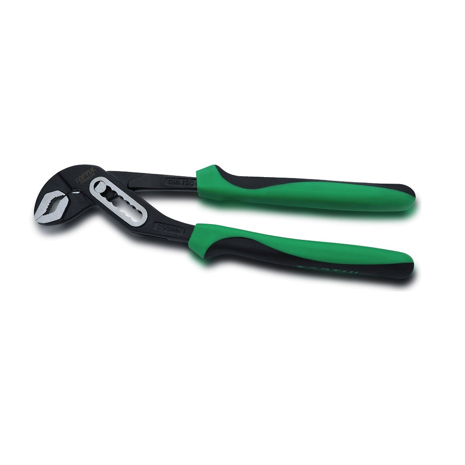 Toptul Box-Joint Water Pump Pliers 10"-DDBA2210. Front view of black pliers with green and black handles.