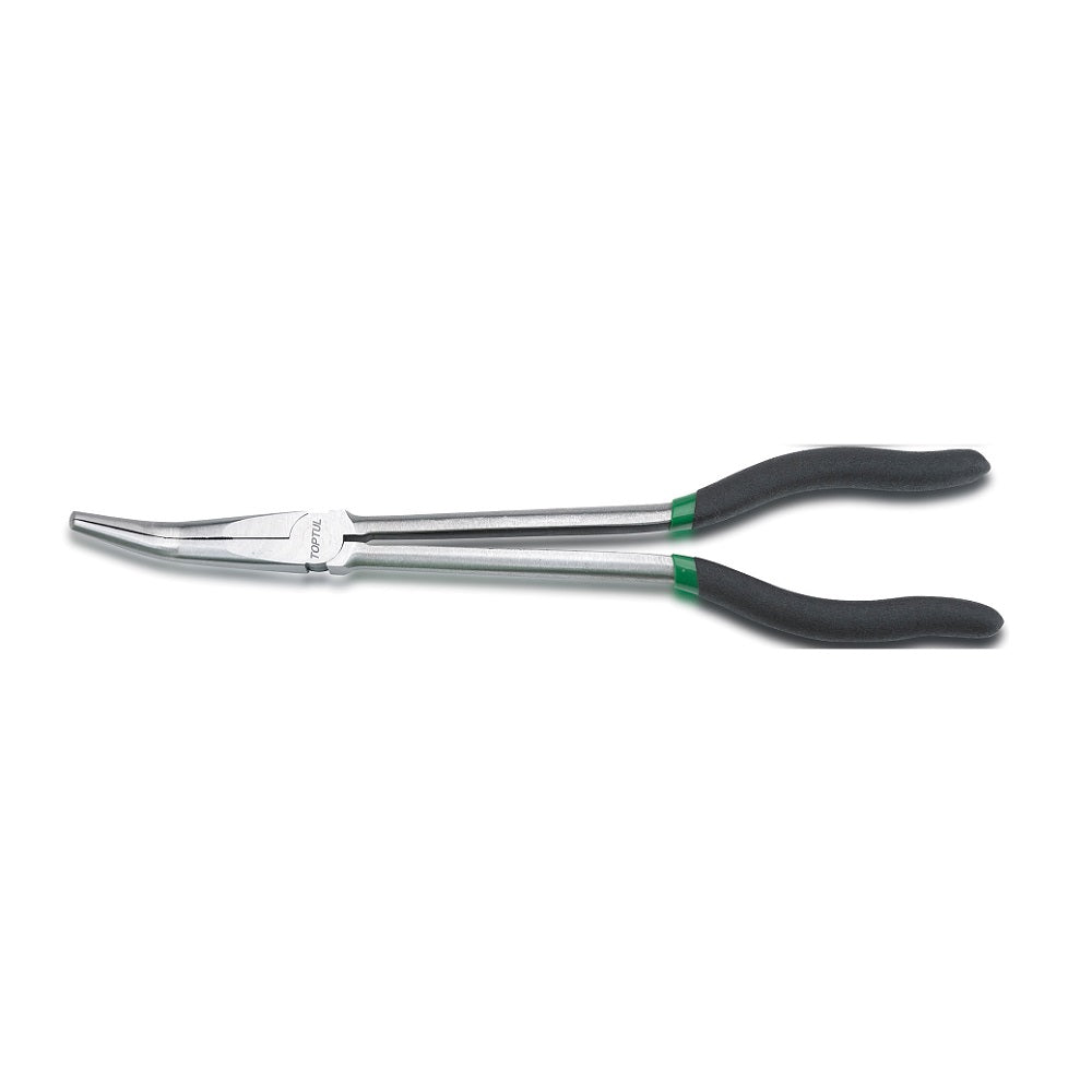 Toptul Pliers Long Reach Nose 45 Deg-DFAH1211. Front view of chrome long reach pliers with black handles with green stripe at top.