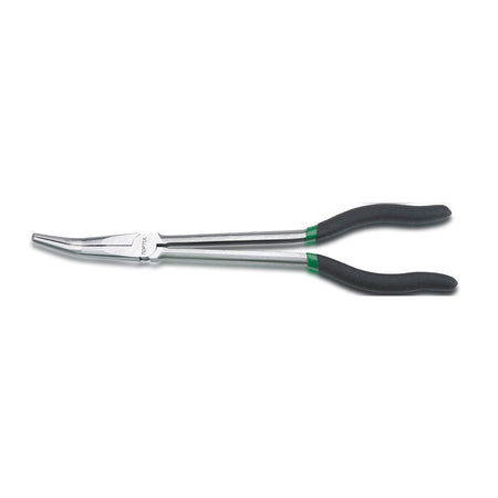 Toptul Pliers Long Reach Nose 45 Deg-DFAH1211. Front view of chrome long reach pliers with black handles with green stripe at top.