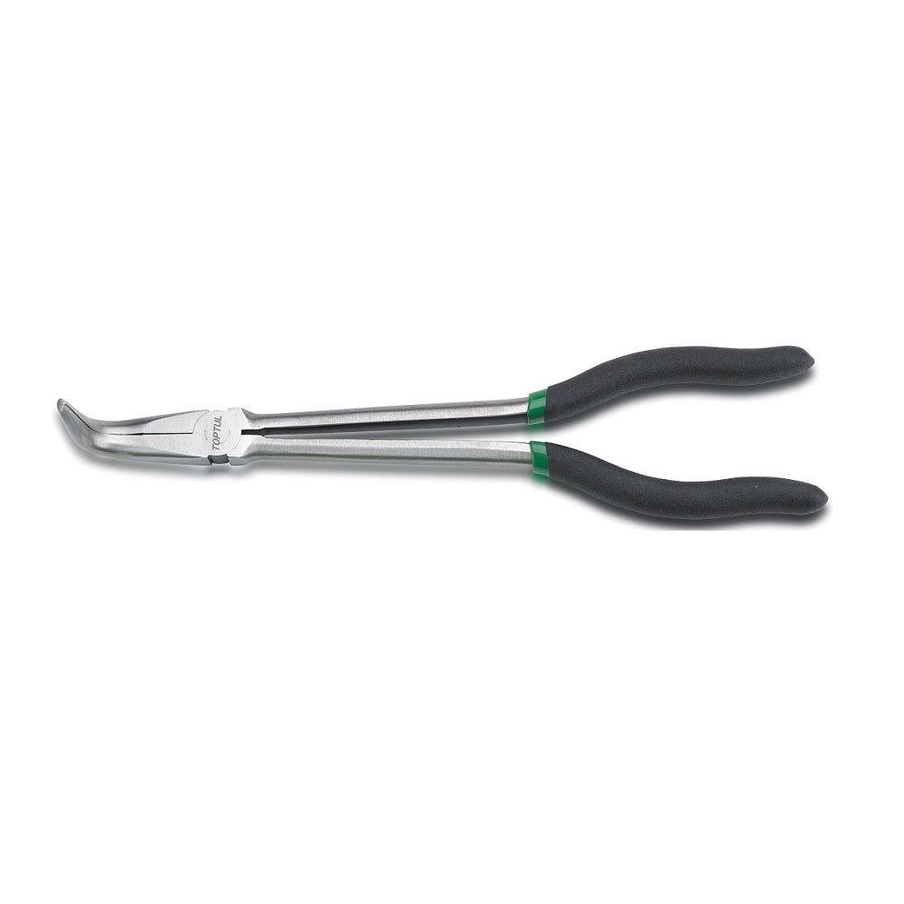 Toptul Pliers Long Reach Nose 90 Deg-DFAI1211. Front view of chrome long reach pliers with black handles with green strip at the top.