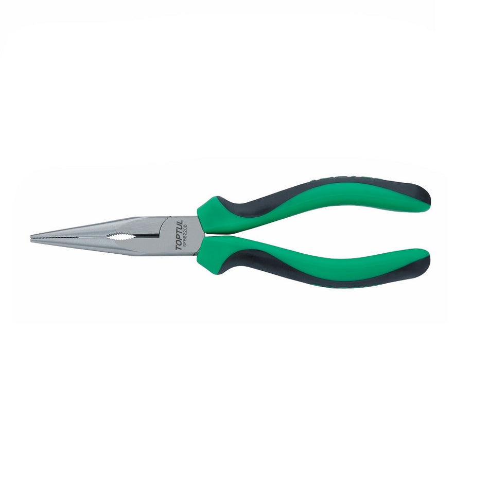 Toptul Long Nose 8 Deg-DFBB2208. Front view of chrome long nose pliers with black and green handles.